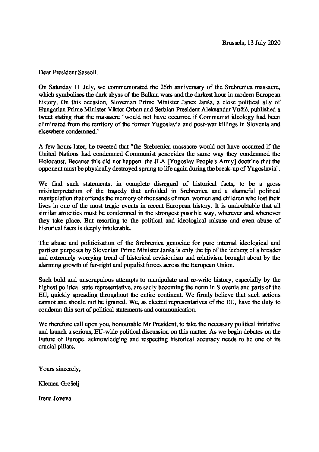 Letter to President Sassoli | Irena Joveva